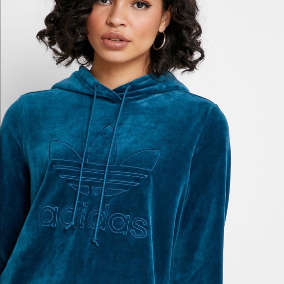 Adidas Flared Sleeve Velvet Blue Logo Hoodie - Picture 4 of 6